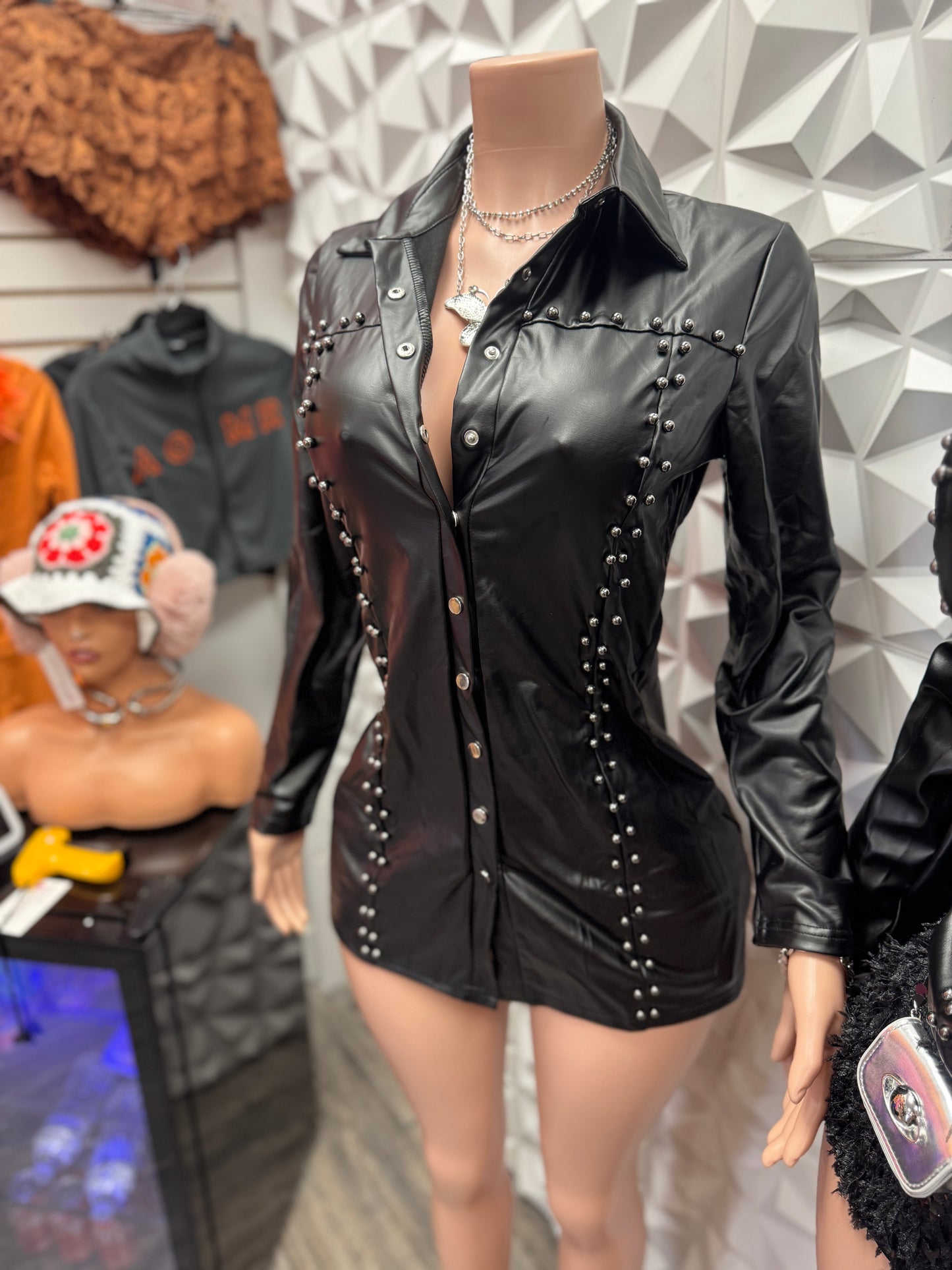 Black Leather Detailed Dress