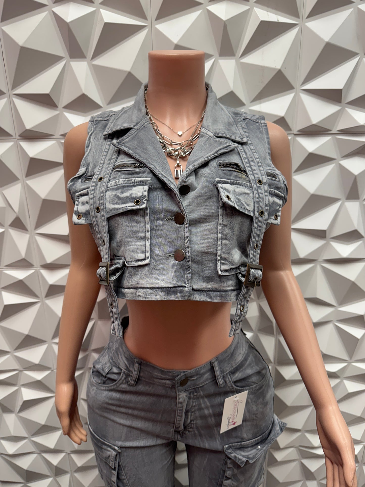 Grey Denim Cargo Pants Set