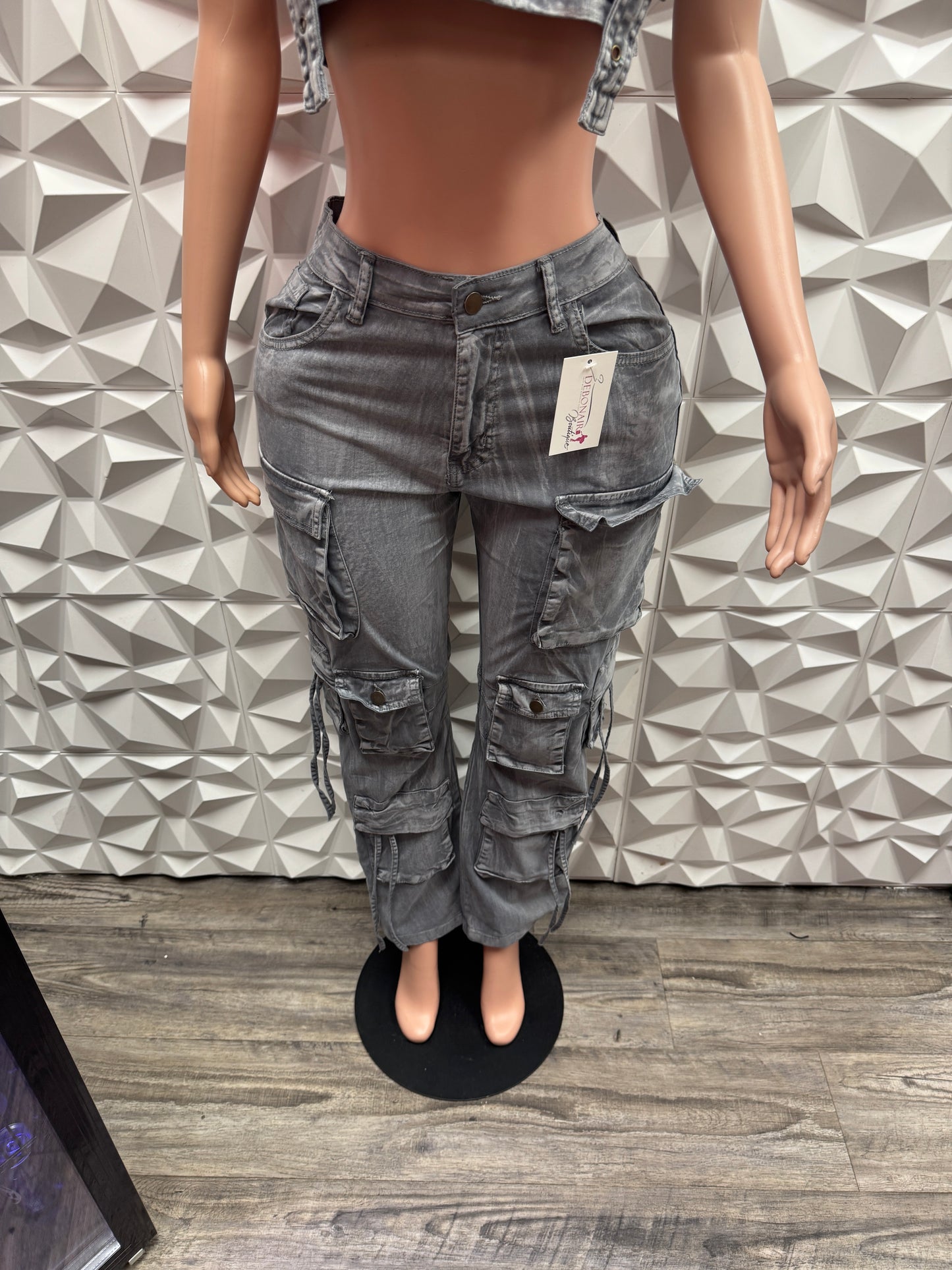 Grey Denim Cargo Pants Set