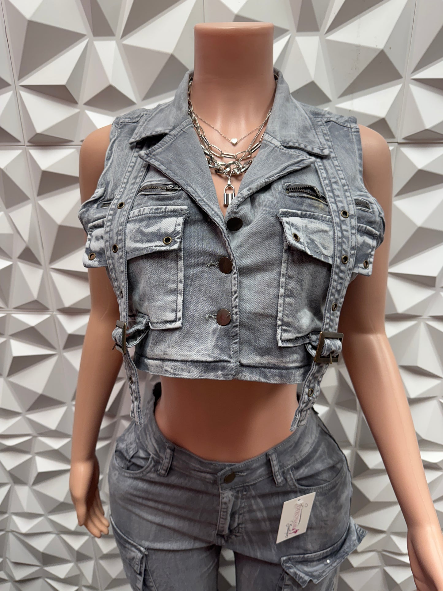 Grey Denim Cargo Pants Set