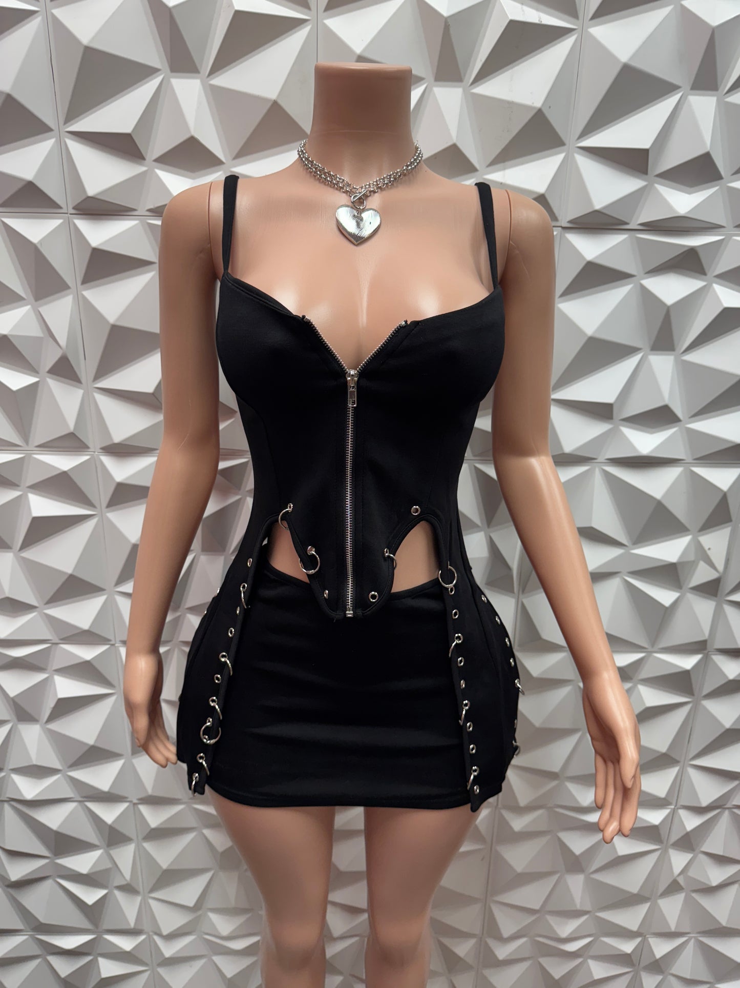 Unique Black Zip Skirt Set