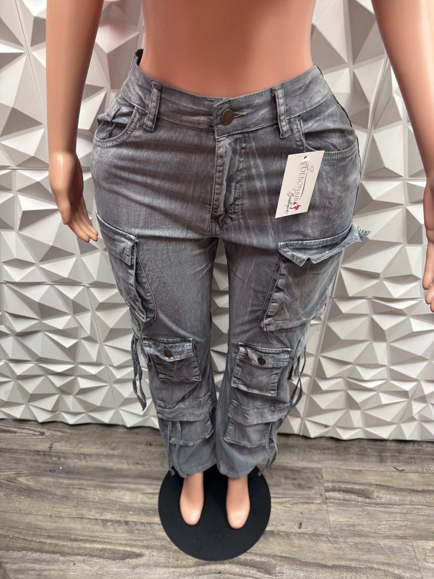 Grey Denim Cargo Pants Set