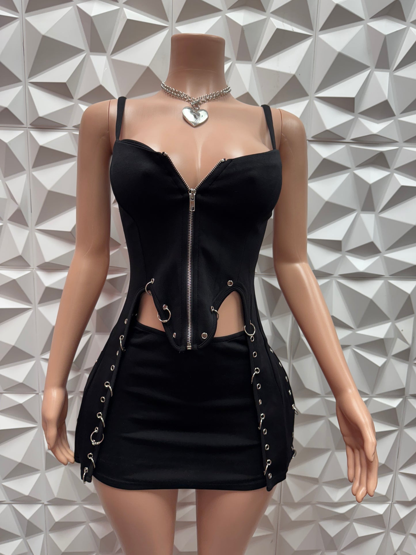 Unique Black Zip Skirt Set
