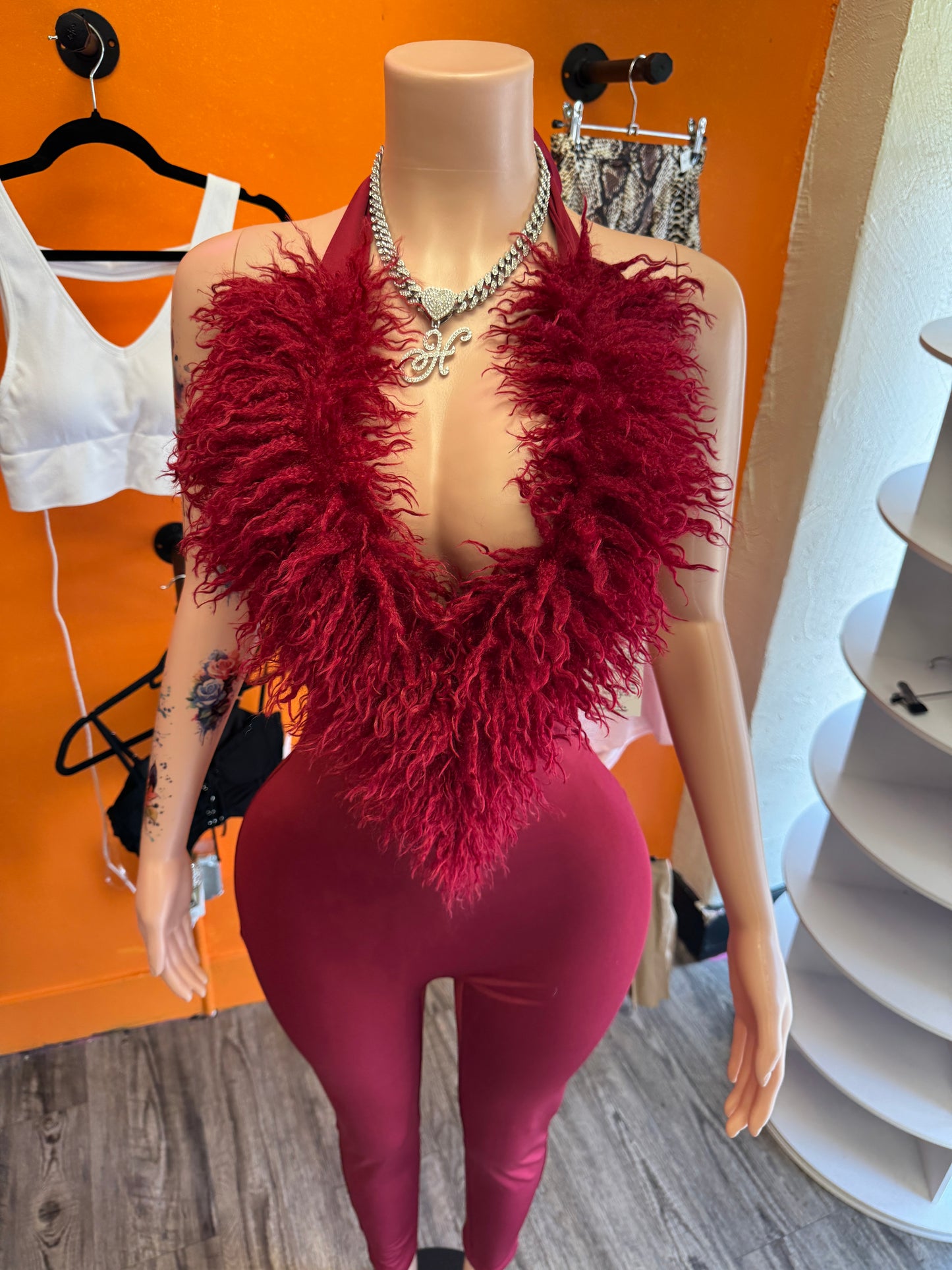 Baddie Red Fur Jumpsuit