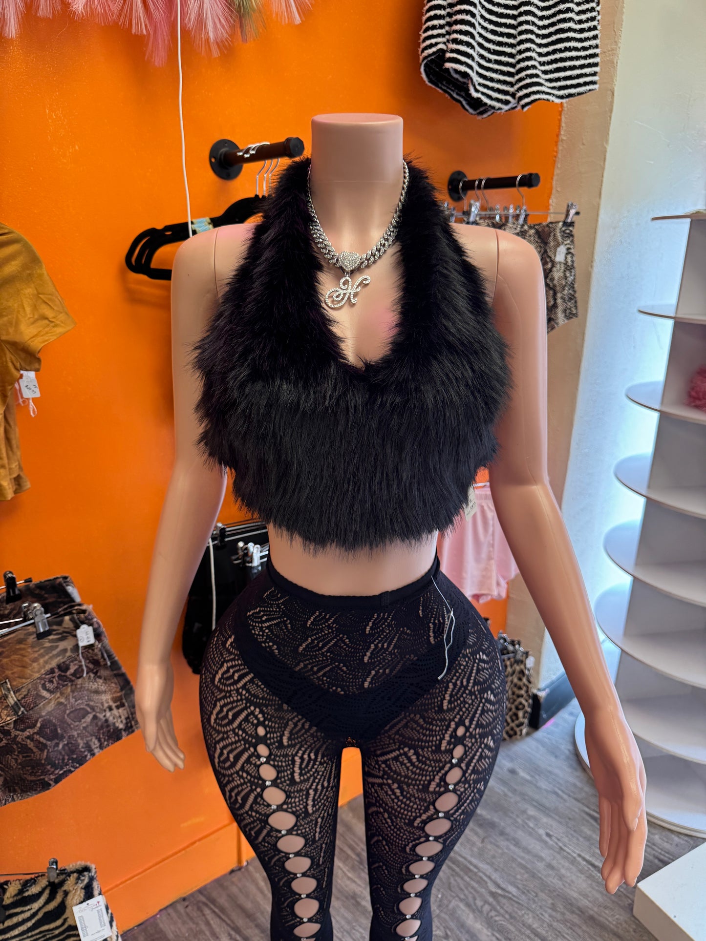Double Tie up Backless Fur Top