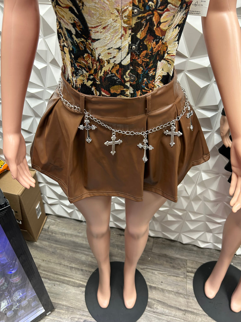 Brown leather pleated skort