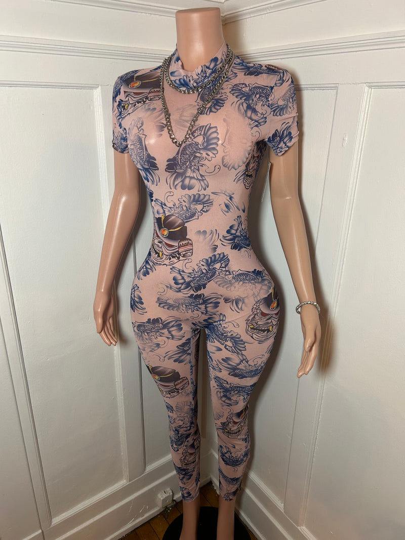 Sexy Blue Design Mesh Jumpsuit