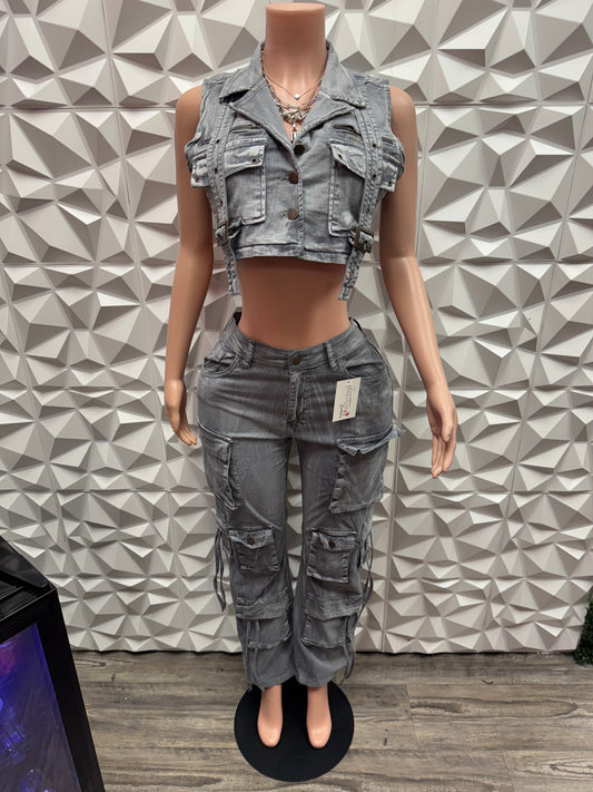 Grey Denim Cargo Pants Set
