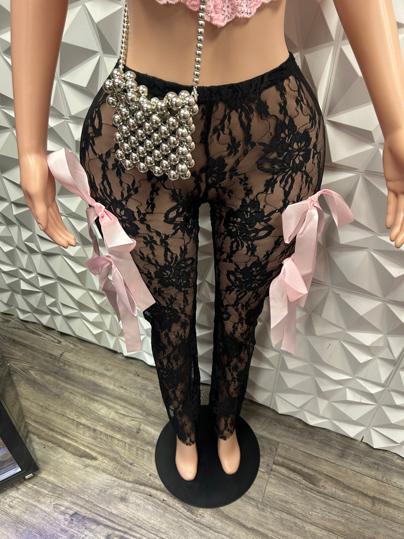 Black Lace Bow Flare Leggings