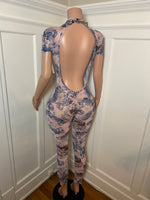 Sexy Blue Design Mesh Jumpsuit