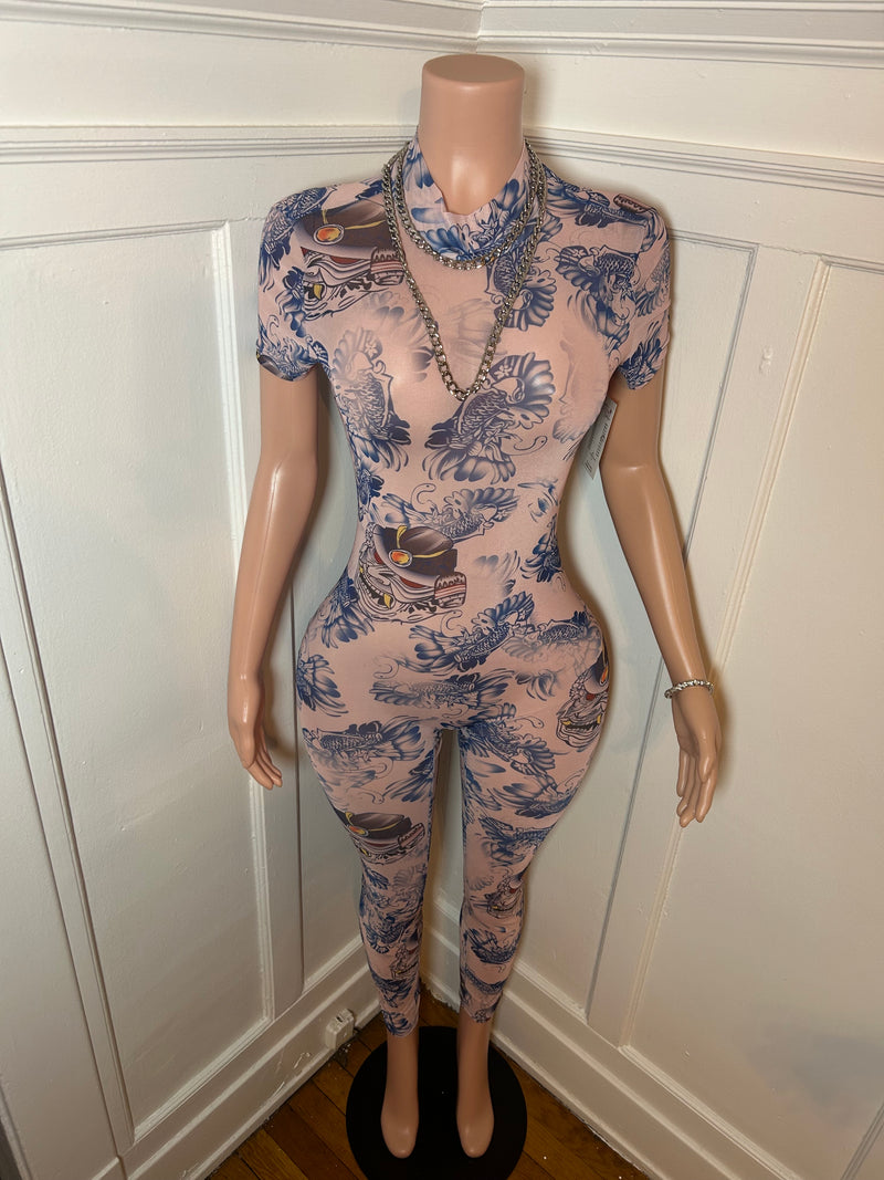 Sexy Blue Design Mesh Jumpsuit