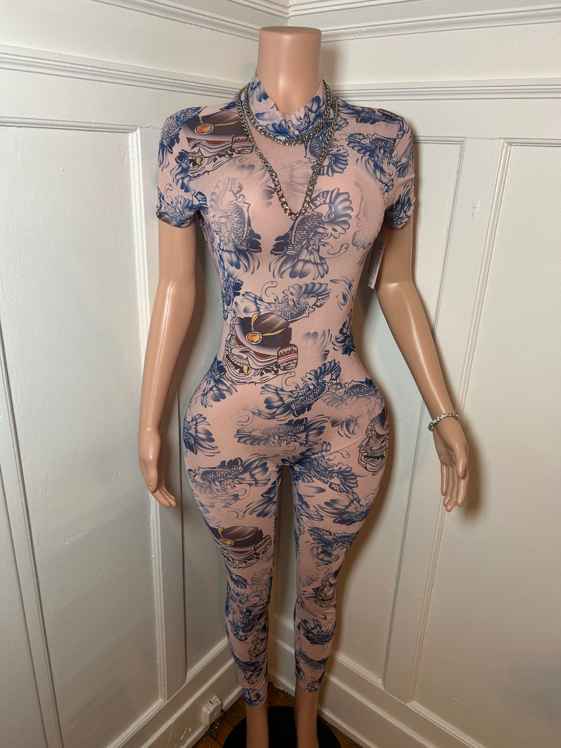 Sexy Blue Design Mesh Jumpsuit