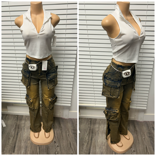 Unique Pocket Denim Cargos