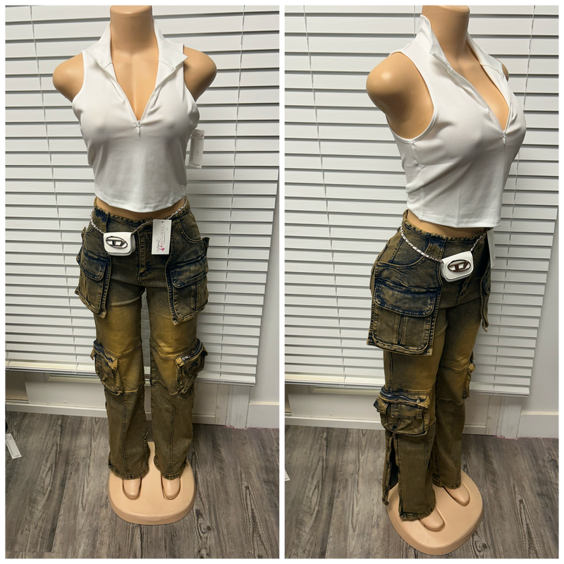 Unique Pocket Denim Cargos