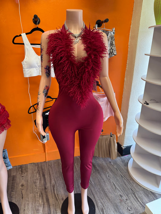 Baddie Red Fur Jumpsuit